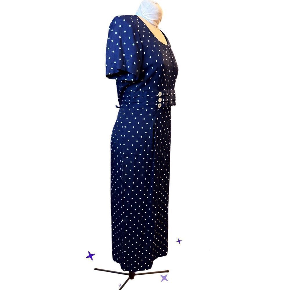 Casual Corner Vtg 1990’s Navy Blue White Polka Dot Dress Set Waist Sz. 11/12 - Picture 5 of 9